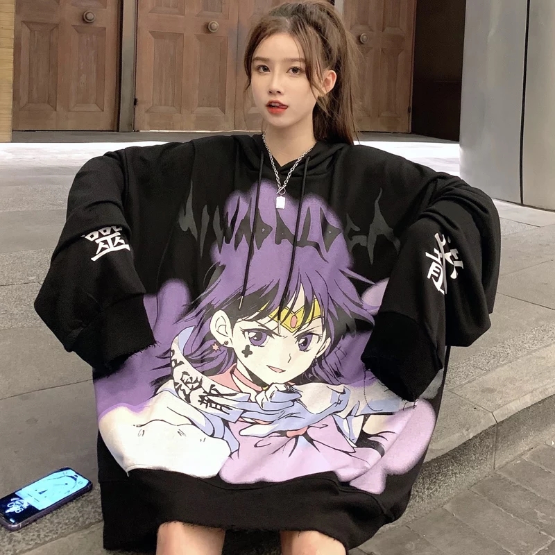Cute Purple Anime Girl Graphic Print Oversize Long Sleeve Shirt Hoodie Punk Goth Aesthetic Casual E-Girl Kawaii Korean Japanese Harajuku