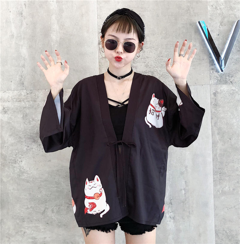 Pink Cat Blouse Kimono Cardigan Cartoon Print Loose Blouse Long Sleeve Shirt T-shirt Top E-Girl Kawaii Korean Japanese Harajuku Streetwear