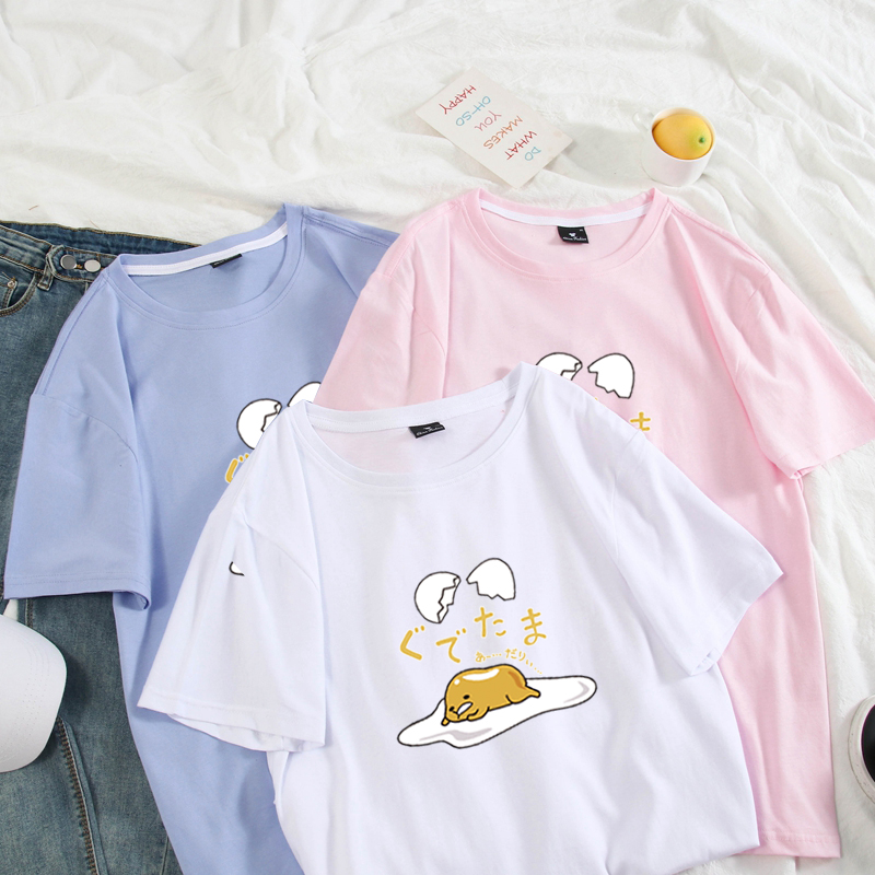 Funny Lazy Egg Cartoon Anime Print Casual Summer Loose Short Sleeve Tee Shirt T-shirt Top E-Girl Kawaii Korean Japanese Harajuku Streetwear