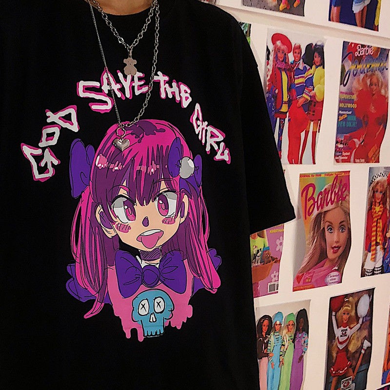Cute Girl Graffiti Graphic Art Print Punk Baggy Hip Hop Oversized Long Sleeve Tee Shirt T-shirt Top E-Girl Kawaii Korean Japanese Harajuku Streetwear