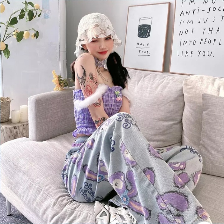 Cute Bunny Rabbit Cartoon Print High Waisted Denim Long Wide Leg Jeans Pants Trouser Aesthetic Casual Summer E-Girl Kawaii Korean Japanese Harajuku