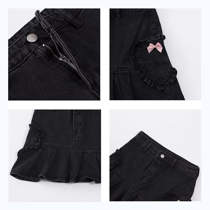 Cute Black Heart Bow Pocket Denim Mini Skirt High Waisted Pleated Aesthetic Goth Casual Summer E-Girl Kawaii Korean Japanese Harajuku