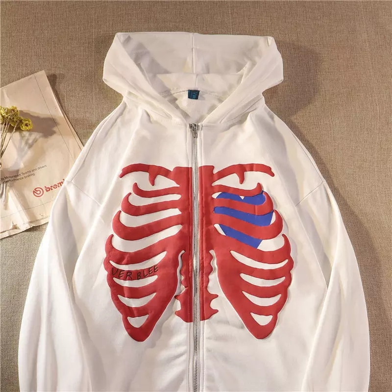 Retro Rib Skeleton Print Long Sleeve Hoodie Jacket Zipper Pullover Casual E-Girl Kawaii Korean Japanese Harajuku Streetwear