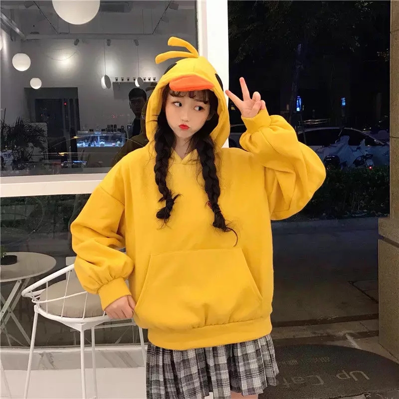 Cute 3D Yellow Duck Hoodie Long Sleeve Pullover Casual Aesthetic Casual E-Girl Kawaii Korean Japanese Harajuku