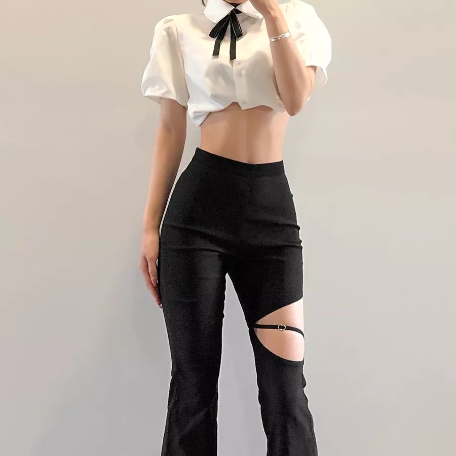 Cute Sexy Black High Waist Flare Trousers Cut Out Hollow Pants Summer Aesthetic Casual E-Girl Kawaii Korean Japanese Harajuku