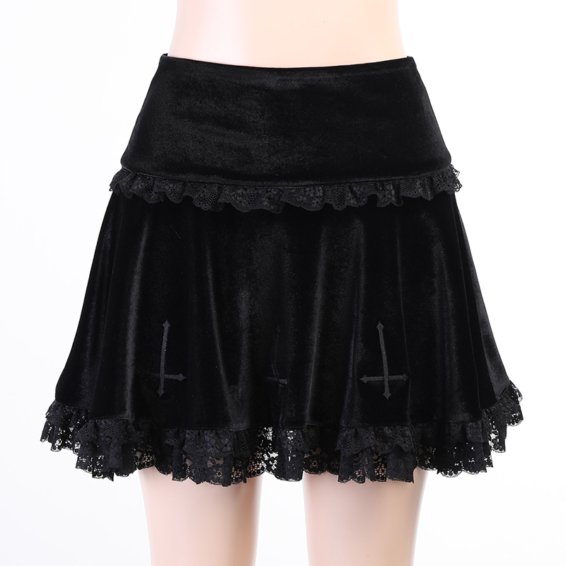 Cute Sexy Goth Black Cross Skirt Vintage Lace Trim A-Line Grunge Punk High Waist Ruffle Summer E-Girl Kawaii Korean Japanese Harajuku Streetwear