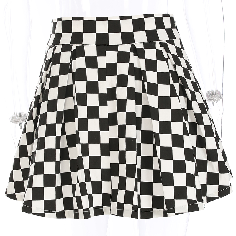 Cute Sexy Checkered Pleated Black White Sash High Waisted Skater Skirt E-Girl Kawaii Korean Japanese Harajuku Streetwear