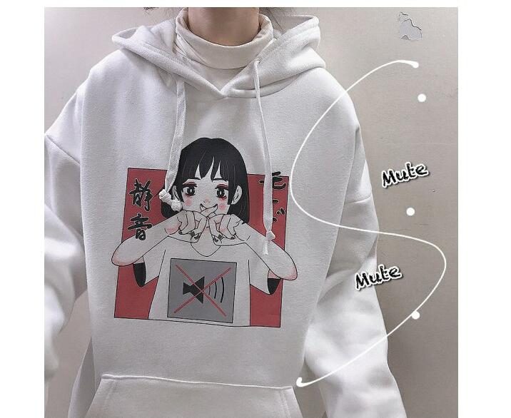 Anime Girl Cartoon Print Graphic White long Sleeve Hoodie Sweater Sweatshirt Pullover Top E-Girl Kawaii Korean Japanese Harajuku Streetwear