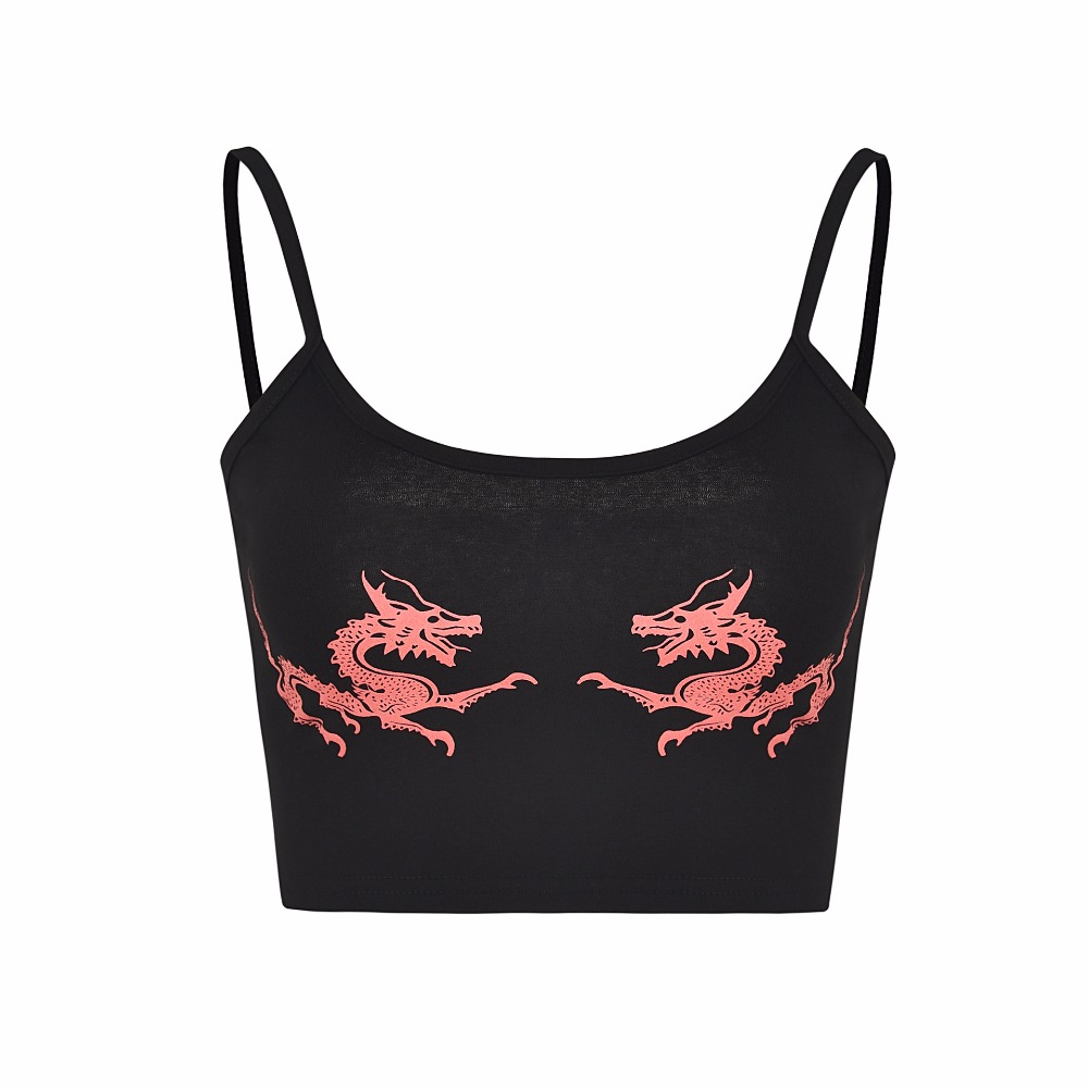 Cute Sexy Casual Dragon Sleeveless Tank Crop Top Shirt Tee T-shirt E-Girl Kawaii Korean Japanese Harajuku Chinese Retro Streetwear Aesthetic
