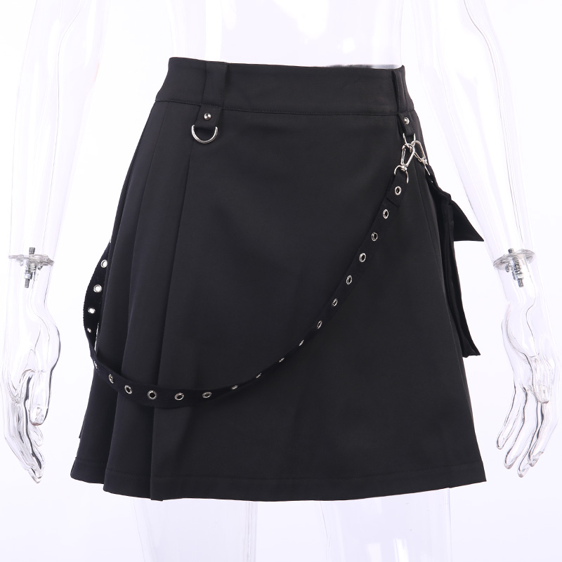 Cute Sexy Punk Goth Black High Waist Mini Skirt Patchwork Bandage Bottom E-Girl Kawaii Korean Japanese Harajuku Chinese Retro Streetwear Aesthetic