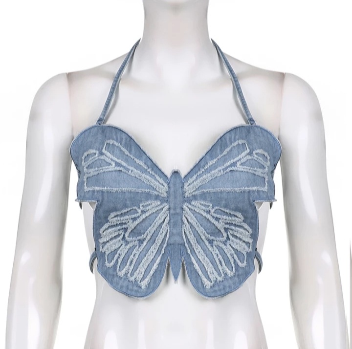 Cute Sexy Butterfly Denim Backless Crop Top Sleeveless Shirt Party Beach Summer Aesthetic Casual E-Girl Kawaii Korean Japanese Harajuku