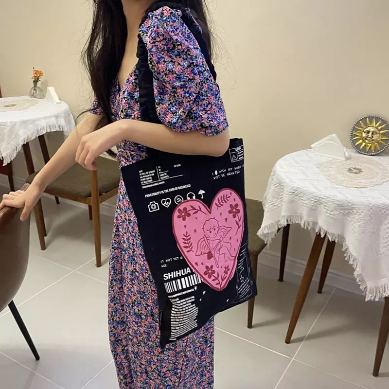 Cute Cupid Angel Love Heart Print Canvas Tote Shoulder ECO Bag 90s Retro Vintage Aesthetic Casual Summer E-Girl Kawaii Korean Japanese Harajuku