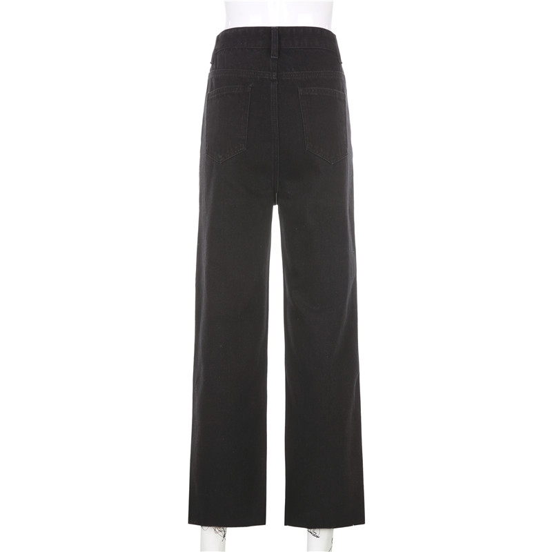 Cute Vintage Pink Heart Print Black Denim Jeans Straight High Waist Long Trouser Pants Autumn Casual E-Girl Kawaii Korean Japanese Harajuku Streetwear