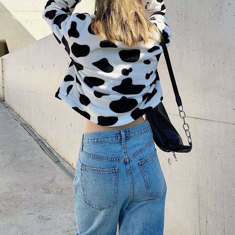 Cute Cow Animal Print Faux Fur Coat Jacket Zipper Sweater Jumper Casual E-Girl Kawaii Korean Japanese Harajuku Chinese Retro Streetwear Aesthetic