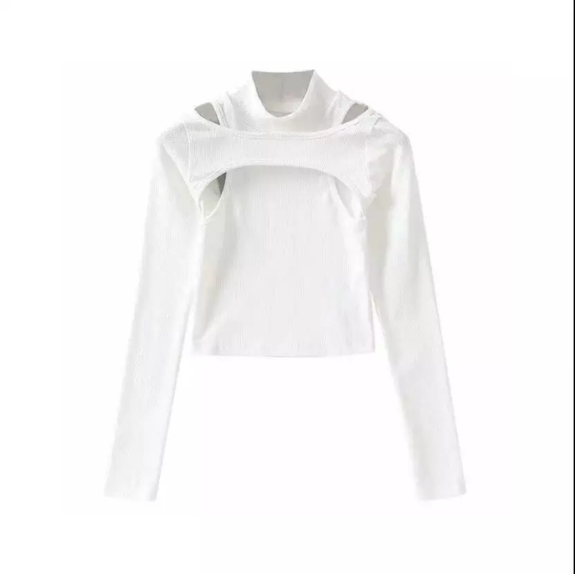 Cute 2pcs K-pop Black White Hollow Knit Long Sleeve Shirt Crop Top Fitness Streetwear Summer Aesthetic Casual E-Girl Kawaii Korean Japanese Harajuku