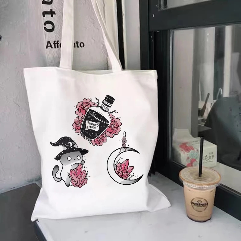 Cute Cat Witch Magic Print Reusable Shopping Tote Bag Canvas Tote Shoulder Bag Aesthetic Casual E-Girl Kawaii Korean Japanese Harajuku