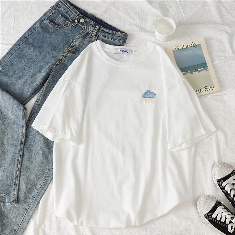 Cute Casual Cartoon Moon Sun Star Cloud Embroidery Loose T-shirt Short Sleeve Tee Shirt Top E-Girl Kawaii Korean Japanese Harajuku Retro Streetwear