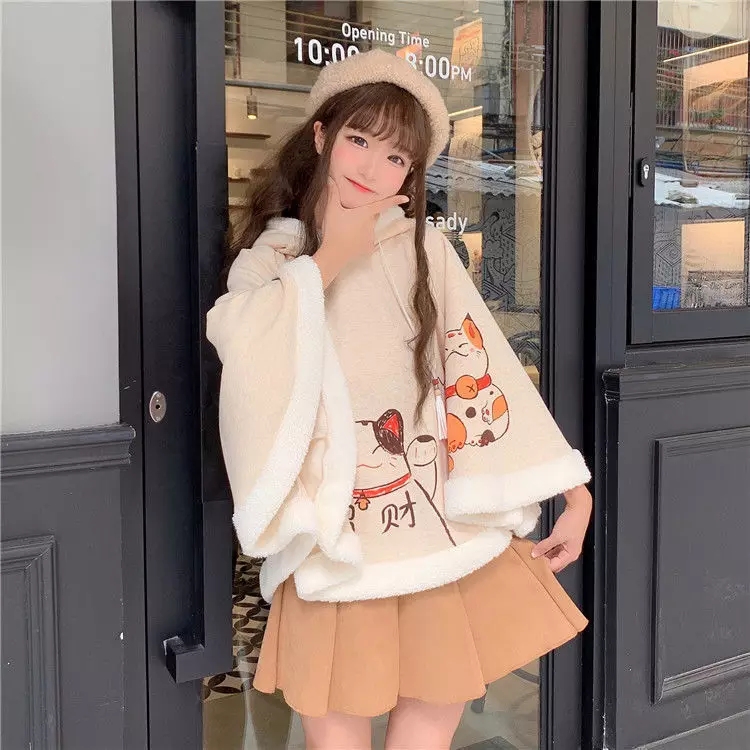Cute Lucky Cat Ears Cloak Hoodie Pullover Sweatshirt Autumn Winter Aesthetic Casual E-Girl Kawaii Korean Japanese Harajuku