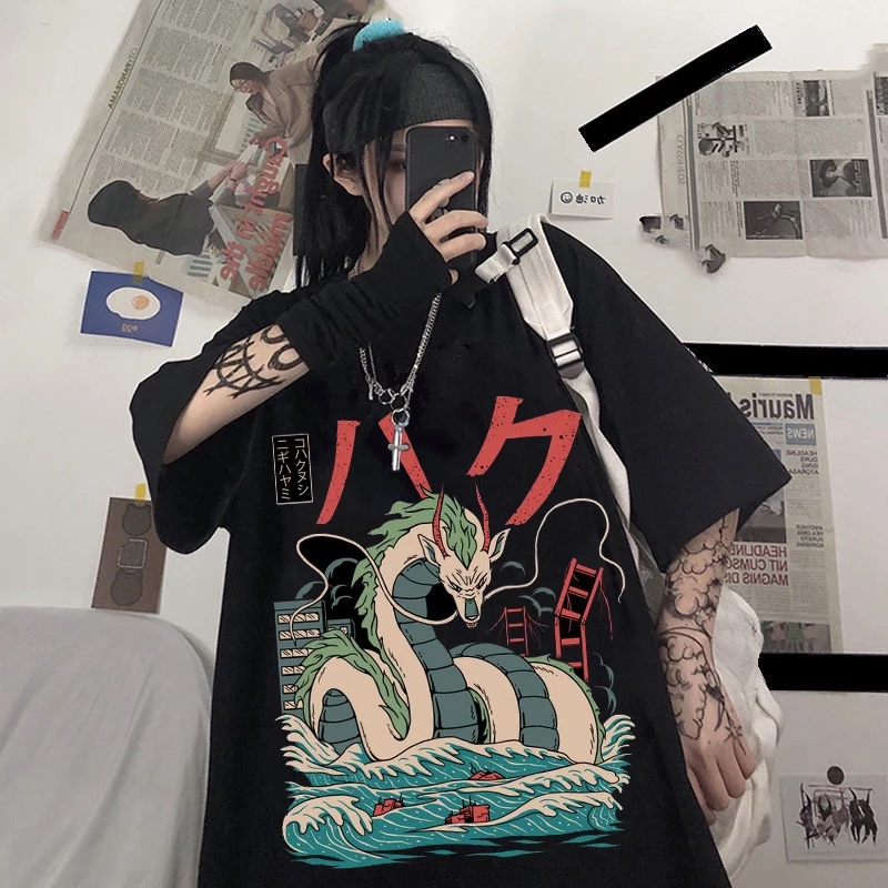 Cute Black Dragon Anime Cartoon Print Oversize Loose Short Sleeve T-shirt Aesthetic Casual Summer E-Girl Kawaii Korean Japanese Harajuku Street