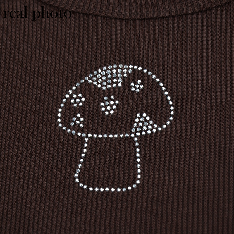 Cute 90s Vintage Brown Mushroom Diamond Aesthetics Crop Top Tank Sleeveless Shirt Summer Casual E-Girl Kawaii Korean Japanese Harajuku Streetwear