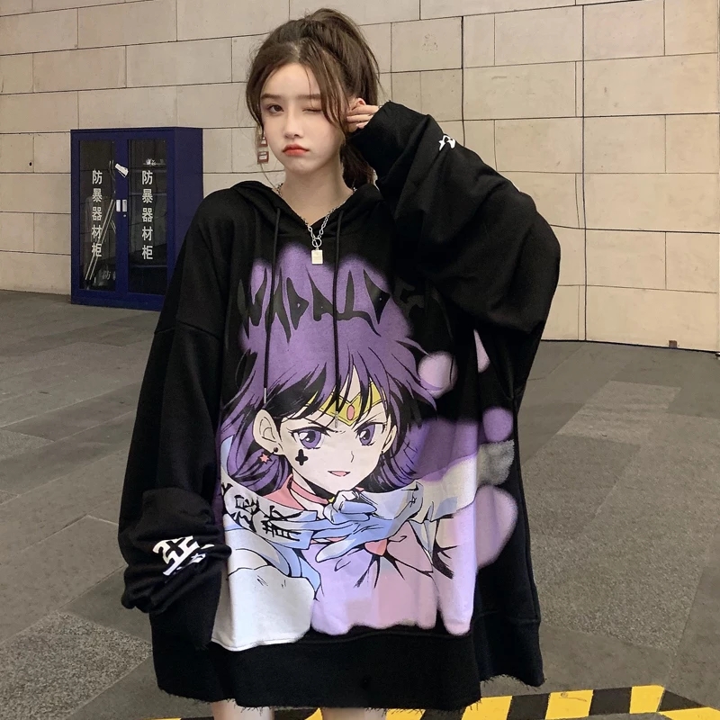 Cute Purple Anime Girl Graphic Print Oversize Long Sleeve Shirt Hoodie Punk Goth Aesthetic Casual E-Girl Kawaii Korean Japanese Harajuku