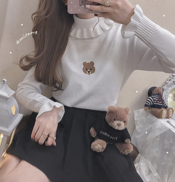 Cute Bear Embroidery Turtleneck Vintage Sweater High Neck Ruffle Pullover Long Sleeve Knit E-Girl Kawaii Korean Japanese Harajuku Streetwear