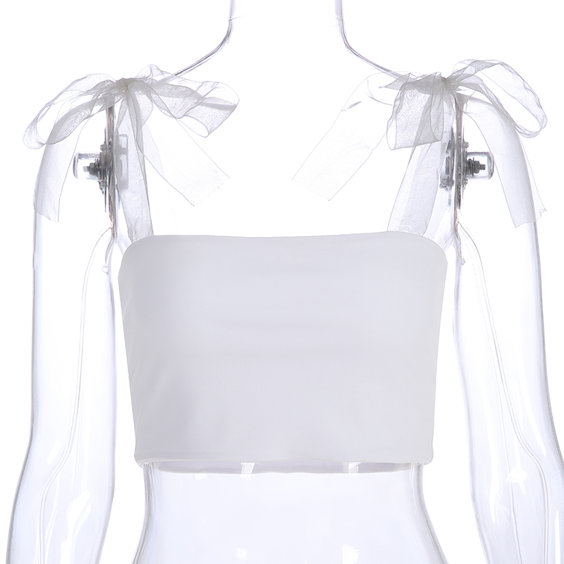 Cute White Patchwork Mesh Transparent Straps Tie Up Tank Top Crop Shirt Tee T-shirt E-Girl Kawaii Korean Japanese Harajuku Retro Streetwear Aesthetic