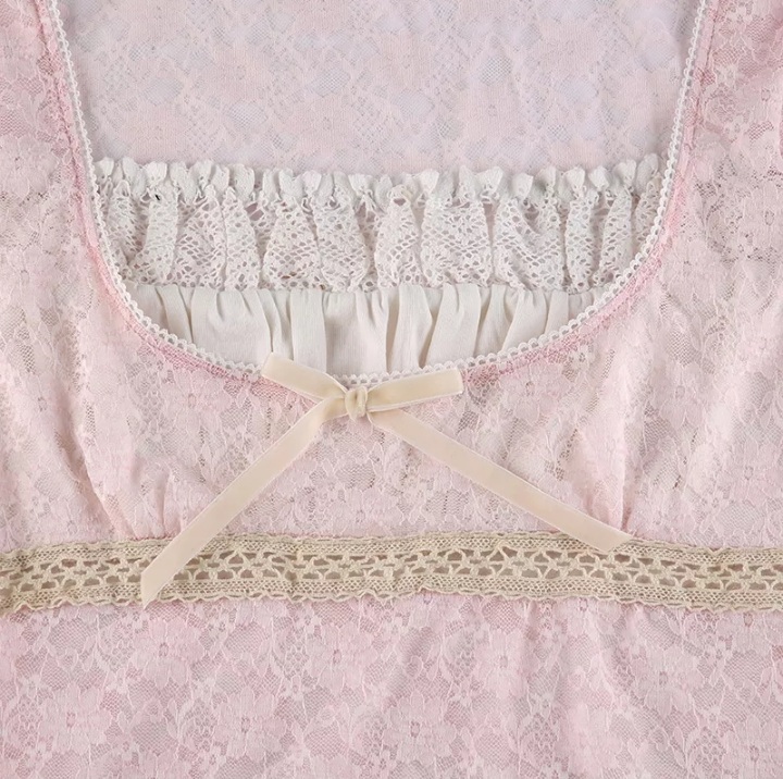 Cute Sweet Pink Lace Trim Short Sleeve Shirt Crop Top Summer Aesthetic Casual E-Girl Kawaii Korean Japanese Harajuku