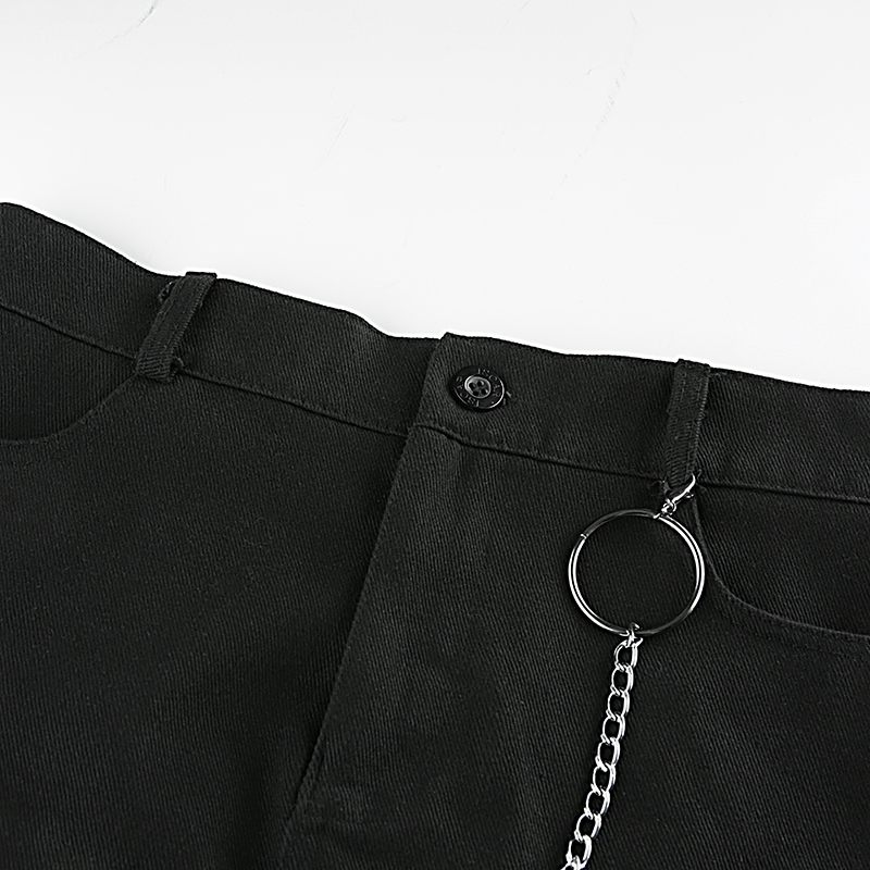 Sexy Black Goth Punk Demin Metal Chain Patchwork High Waisted Mini Skirt Zipper Split A-line E-Girl Kawaii Korean Japanese Harajuku Retro Streetwear