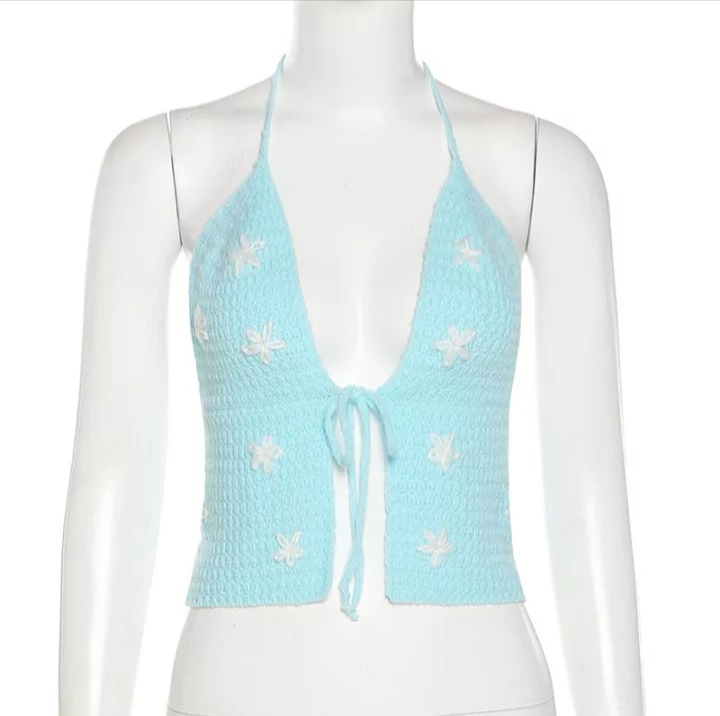 Cute Sexy Blue Crochet Knit Floral Backless Crop Top Tank Camisole Halter Beach Party Summer Aesthetic Casual E-Girl Kawaii Korean Japanese Harajuku
