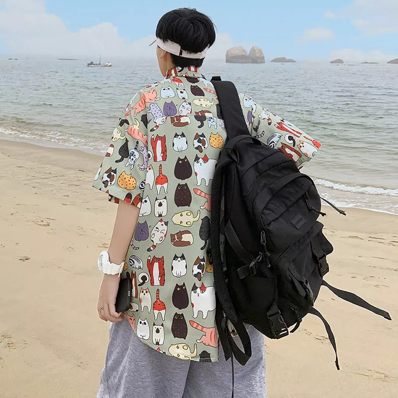 Cute Vintage Unisex Cat Cartoon Print Loose Short Sleeve Shirt Button Up Aesthetic Casual Summer E-Girl Kawaii Korean Japanese Harajuku