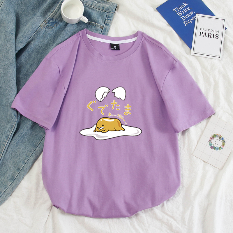 Funny Lazy Egg Cartoon Anime Print Casual Summer Loose Short Sleeve Tee Shirt T-shirt Top E-Girl Kawaii Korean Japanese Harajuku Streetwear