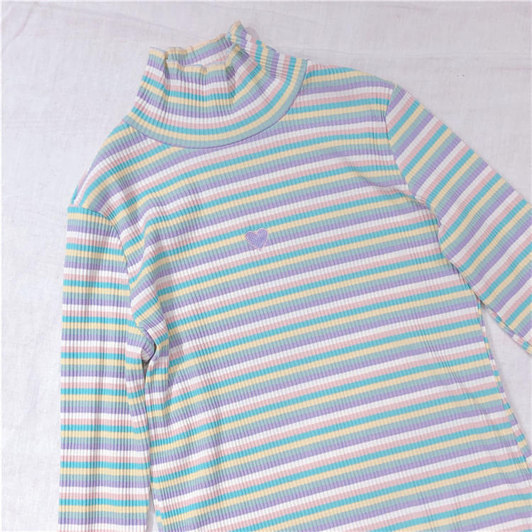 Cute Heart Sweet Rainbow Pastel Turtleneck Stripe Knit Long Sleeve Shirt Top Pullover Sweater E-Girl Kawaii Korean Japanese Harajuku Retro Streetwear