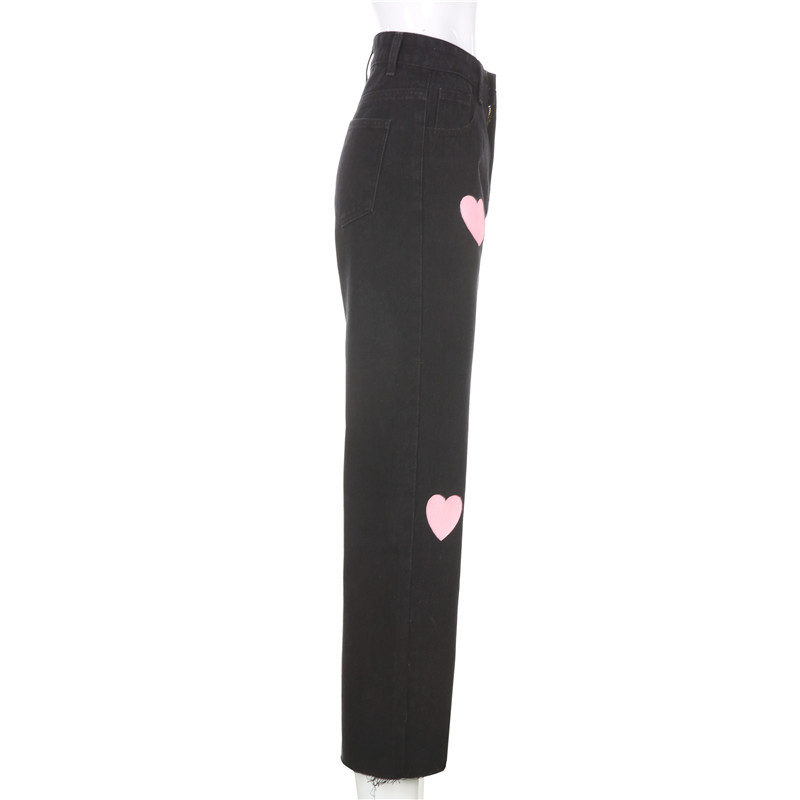 Cute Vintage Pink Heart Print Black Denim Jeans Straight High Waist Long Trouser Pants Autumn Casual E-Girl Kawaii Korean Japanese Harajuku Streetwear