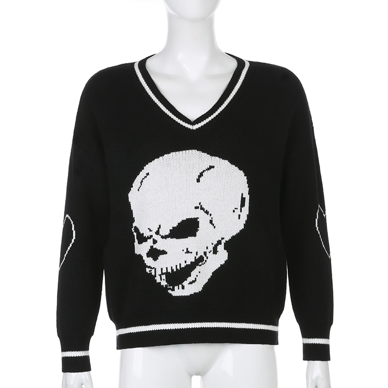 Skull Knit Oversized Loose Sweater Sweatshirt Long Sleeve Pullover Goth Punk Autumn Fall E-Girl Kawaii Korean Japanese Harajuku Streetwear