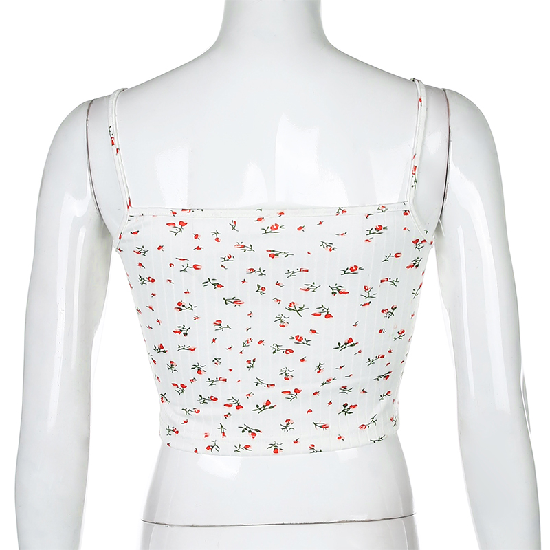 Cute Floral Print Lace Spaghetti Strap Camisole Crop Top Shirt Tee T-shirt E-Girl Kawaii Korean Japanese Harajuku Chinese Retro Streetwear Aesthetic