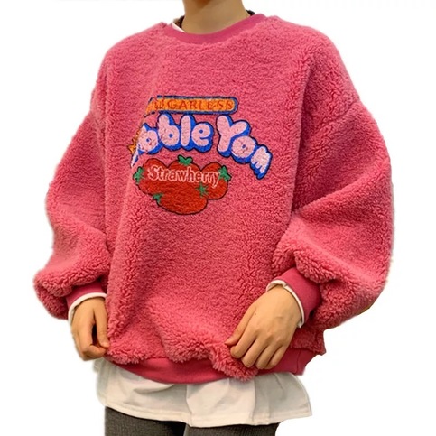 Strawberry Bubblegum Print Warm Fuzzy Fleece Hoodie Sweatshirt Sweater Long Sleeve Pullover E-Girl Kawaii Korean Japanese Harajuku Streetwear