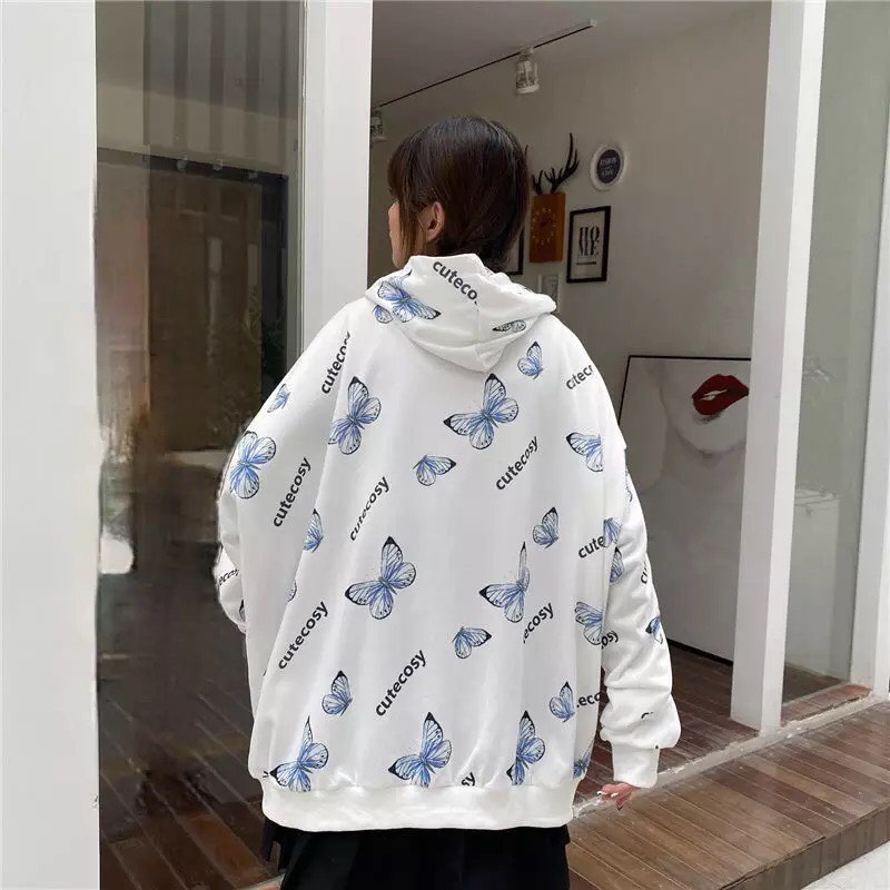 Cute Vintage Butterfly Print Oversize Zipper Hoodie Long Sleeve Pullover Jumper Autumn Aesthetic E-Girl Kawaii Korean Japanese Harajuku Streetwear