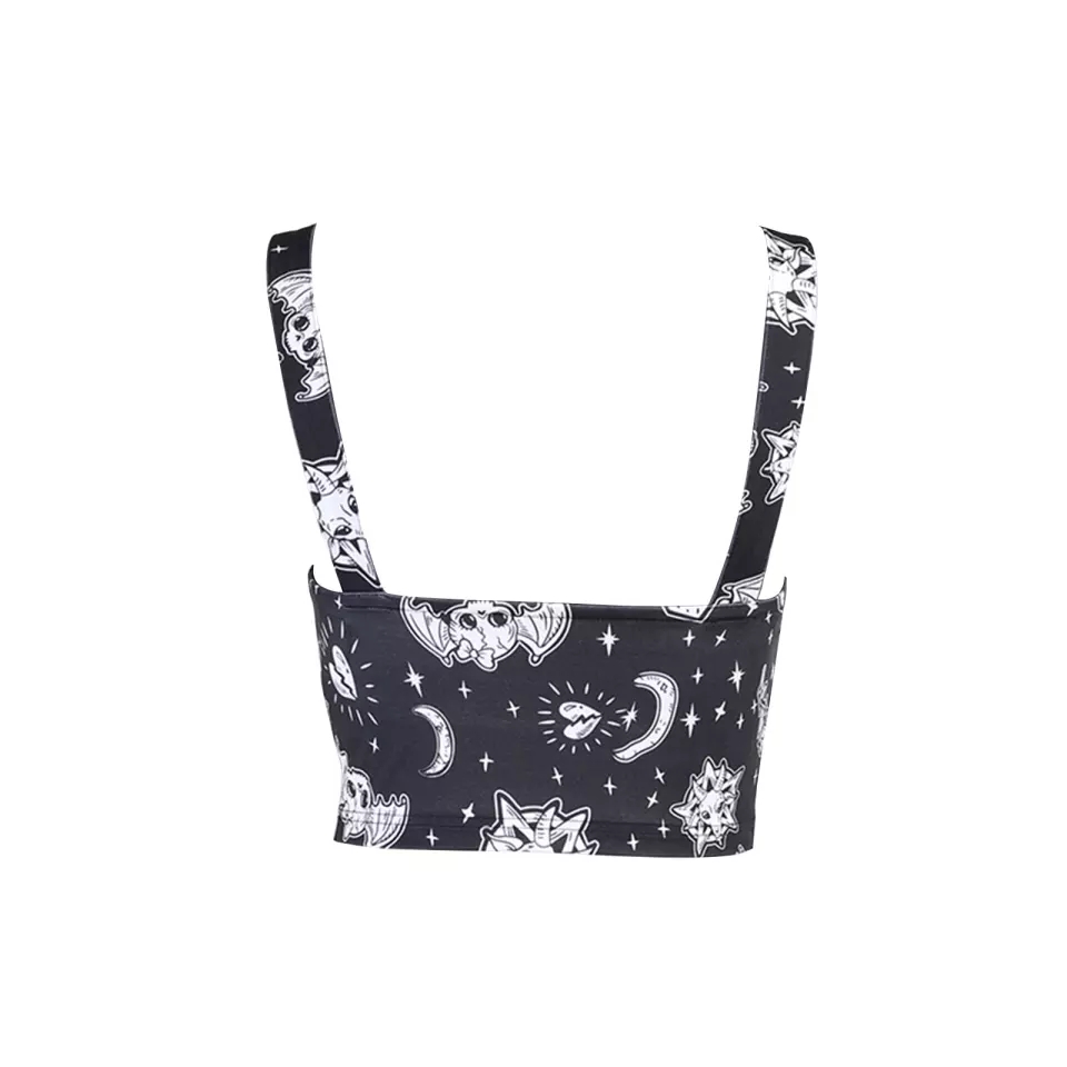 Cute Black Goth Skull Bat Goat Print Zipper Front Camisole Crop Top Tank Summer Aesthetic Casual E-Girl Kawaii Korean Japanese Harajuku