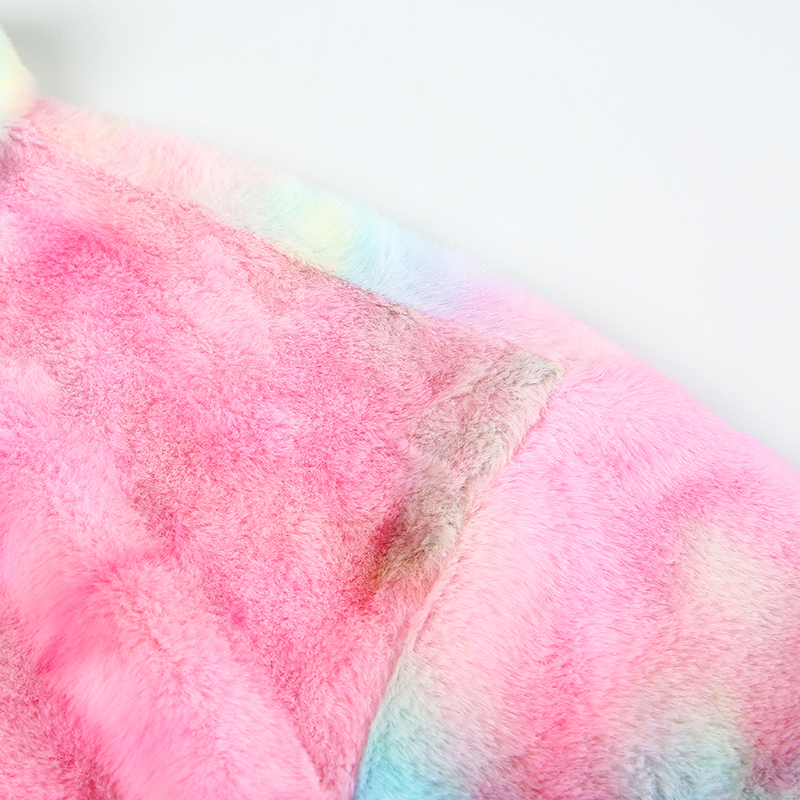 Cute Casual Rainbow Furry Tie Dye Plush Crop Long Sleeve Loose Sweatshirt Pullover E-Girl Kawaii Korean Japanese Harajuku Retro Streetwear Aesthetic
