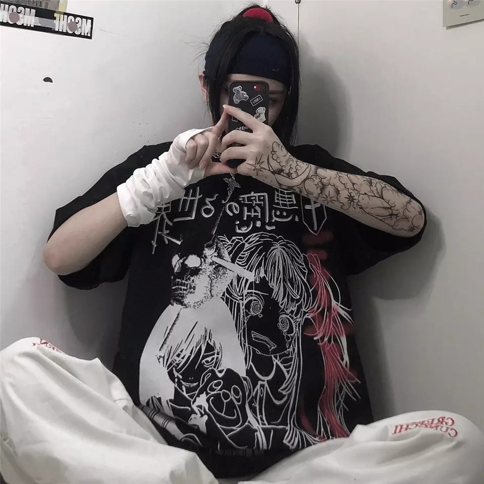 Dark Anime Girl Cartoon Print Loose Short Sleeve T-shirt Top Summer Causal Goth Punk E-Girl Kawaii Korean Japanese Harajuku Streetwear