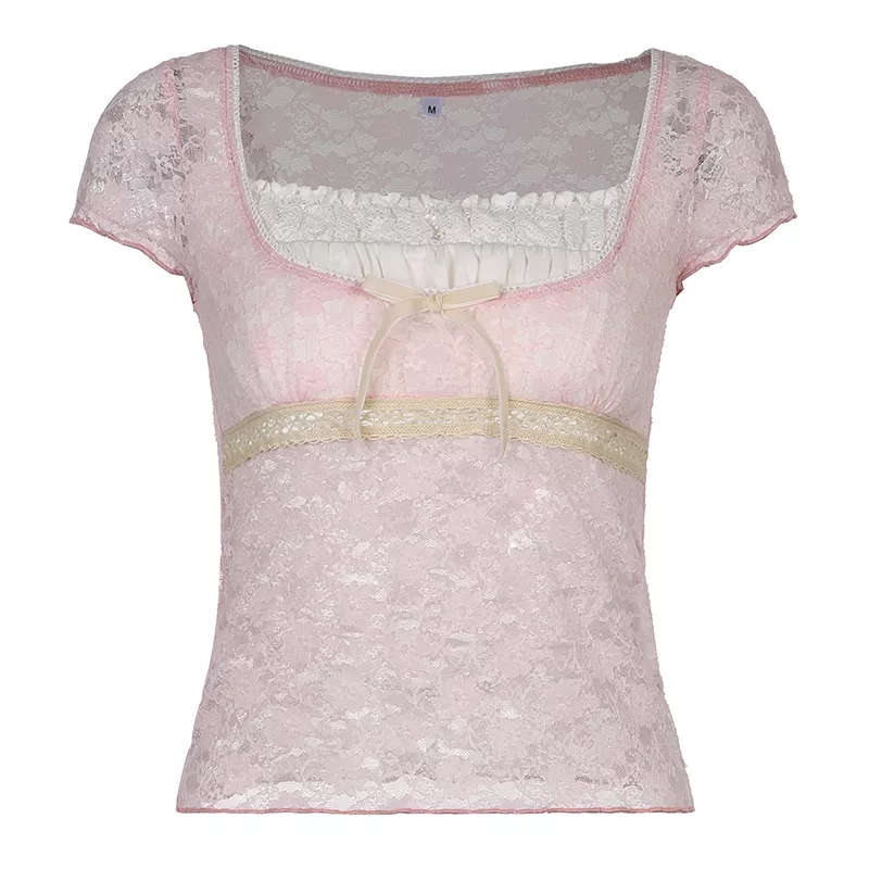 Cute Sweet Pink Lace Trim Short Sleeve Shirt Crop Top Summer Aesthetic Casual E-Girl Kawaii Korean Japanese Harajuku