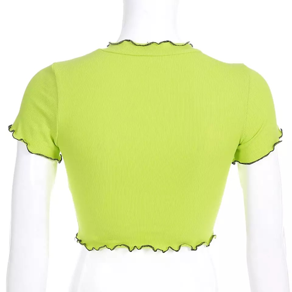 Cute Neon Green Flower Embroidery Casual Summer Crop Top Short Sleeve Tee Shirt T-Shirt E-Girl Kawaii Korean Japanese Harajuku Streetwear