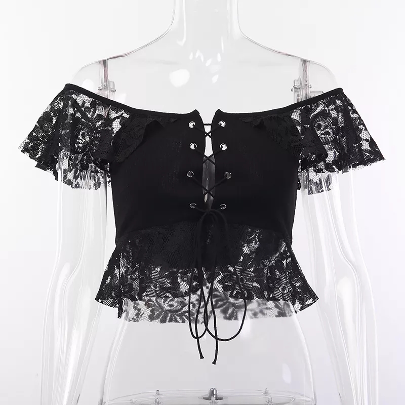 Sexy Black Goth Punk Lace Mesh Hallowout Eyelet Backless Transparent Patchwork T-shirt Top Corset E-Girl Kawaii Korean Japanese Harajuku Streetwear