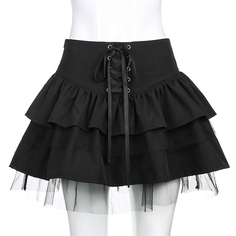 Cute Black Goth Lace Up High Waisted Ruffle Skirt Punk Bandage A-line Lace Trim Tutu Casual E-Girl Kawaii Korean Japanese Harajuku Streetwear