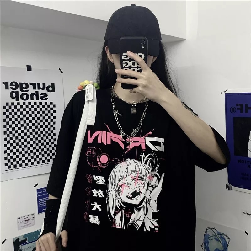 Cute Japanese Girl Punk Goth Print Graphic Casual Short Sleeve Shirt Tee T-shirt E-Girl Kawaii Korean Japanese Harajuku Retro Streetwear Aesthetic