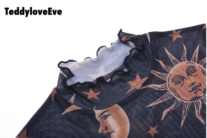 Sexy Goth Grunge Star Moon Celestial Print Ruffle Mesh Transparent Crop Top Short Sleeve Tee Shirt E-Girl Kawaii Korean Japanese Harajuku Streetwear
