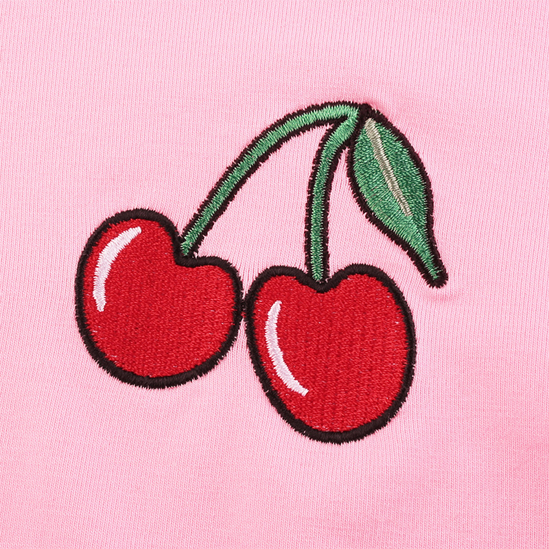 Cute Pink Cherry Fruit Embroidery Crop Top Long Sleeve Shirt T-shirt Causal Tee Summer E-Girl Kawaii Korean Japanese Harajuku Streetwear