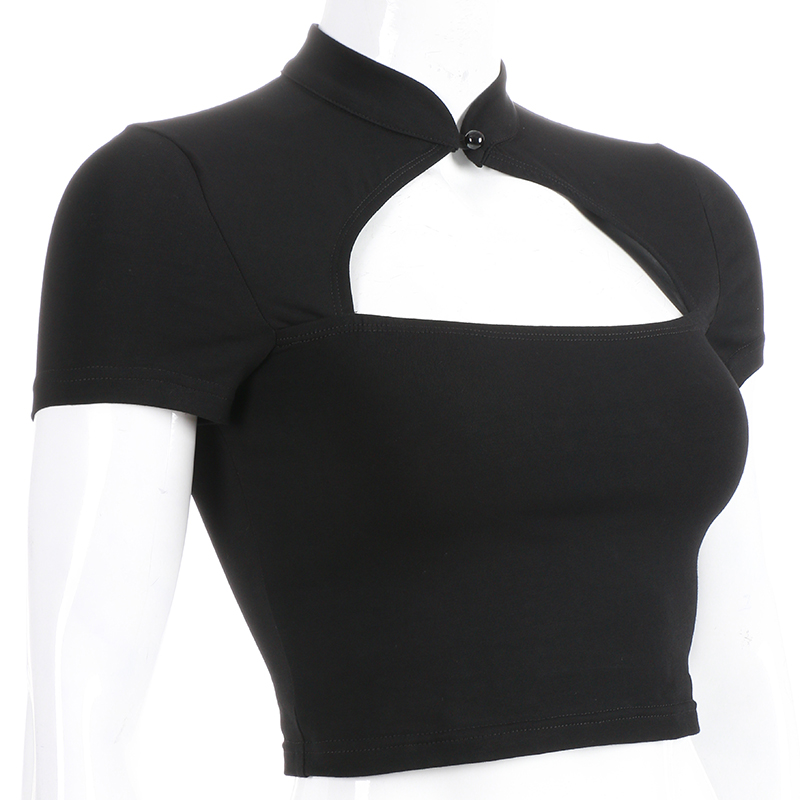 Cute Sexy Casual Black Hallow Out Crop Top Short Sleeve Shirt Tee T-shirt E-Girl Kawaii Korean Japanese Harajuku Chinese Retro Streetwear Aesthetic