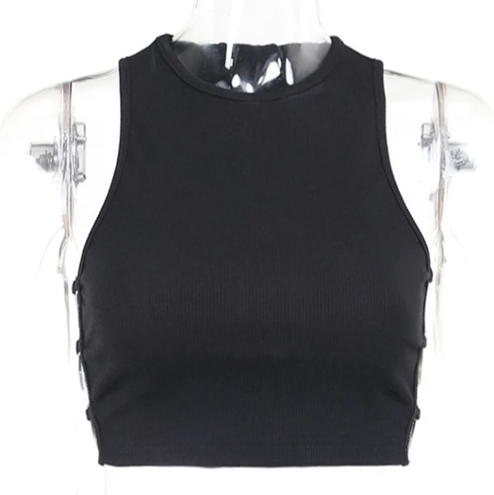 Cute Black Heart Hollow Out Ribbed Tank Crop Top Sleeveless Shirt Punk Goth Summer Aesthetic Casual E-Girl Kawaii Korean Japanese Harajuku